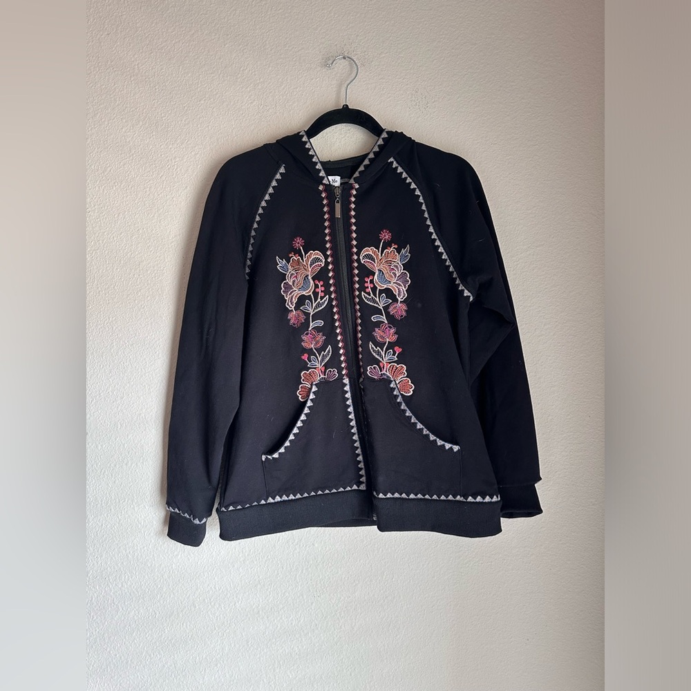 Time for Me Embroidered Cotton Blend Full Zip Hoodie